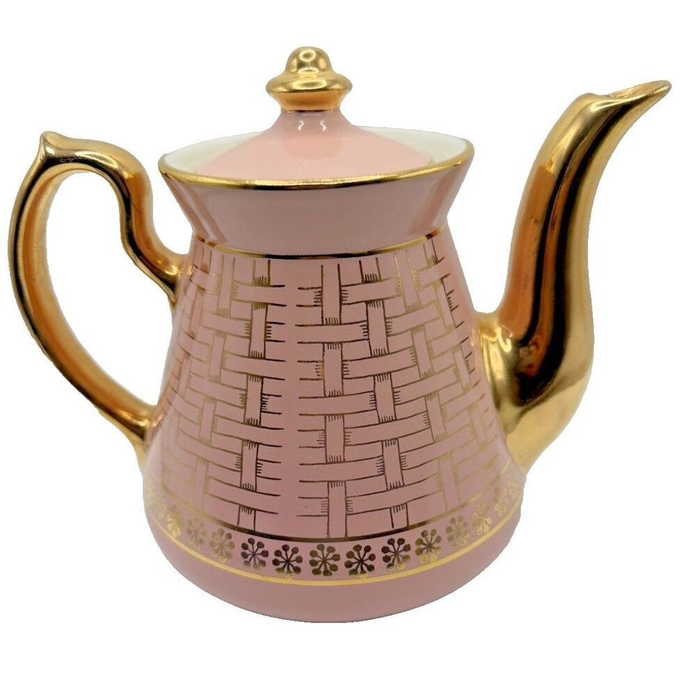Vintage Hall China Pink Teapot Gold Trim Basket Weave 6 Cup USA Ceramic